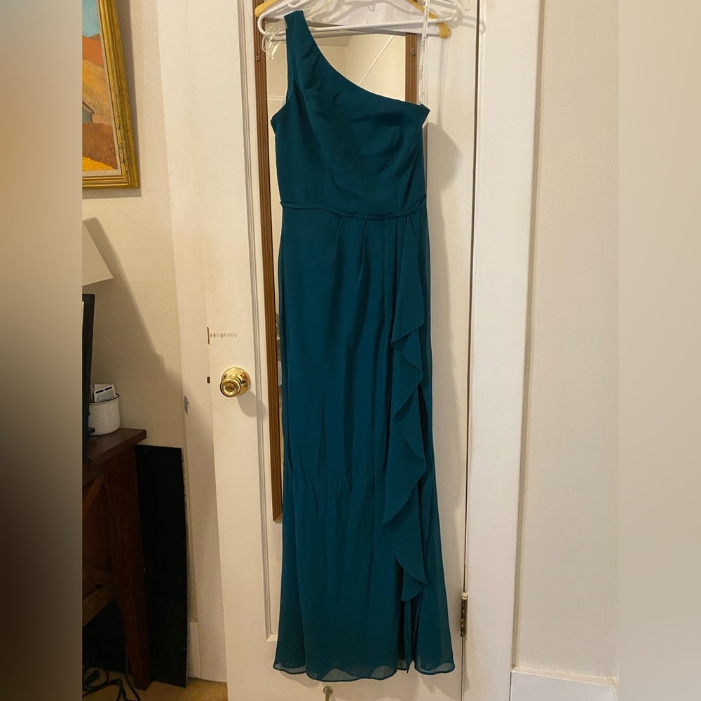 David's Bridal Teal One-Shoulder Gown